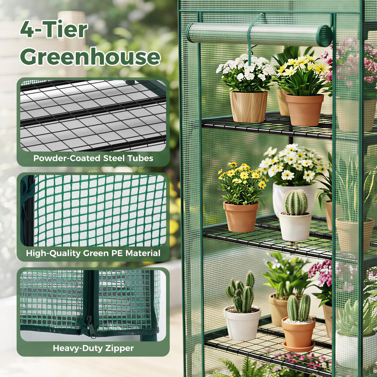 NEWBULIG Mini Greenhouse with Durable PE Cover Roll-up Zipper Door 4 Tier, 27"x19"x63" Small Greenhouse for Outdoors Indoor Balcony, Porch, Garden, Patio, Backyard Green Houses, Green