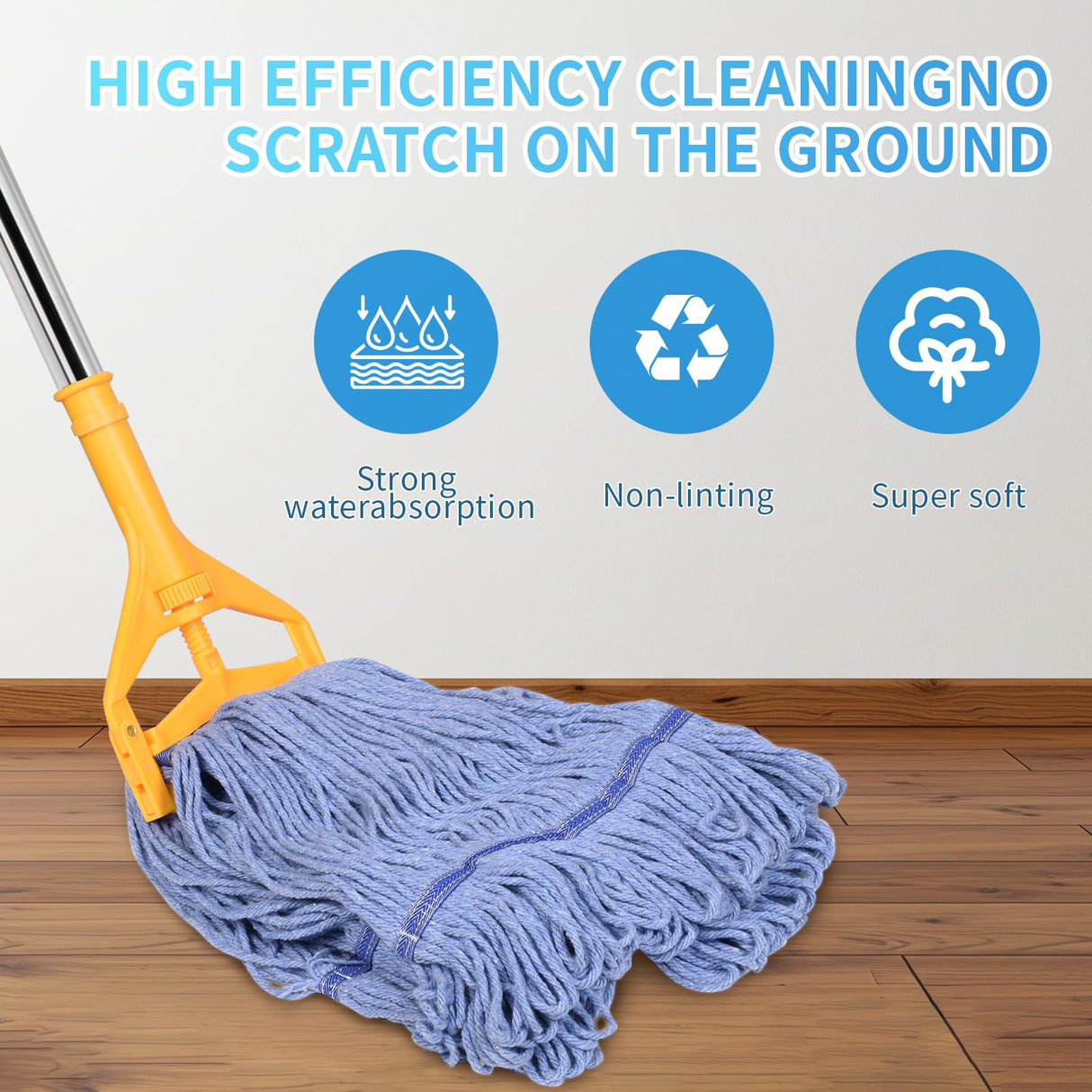 HiBaby Commercial Mop, 63Inch Handle Heavy Duty Industrial Mop Looped-End String Wet Mops for Floor Cleaning for Warehouse, Workshop, Garage, Office, Home, Deck(1 Mops Head)