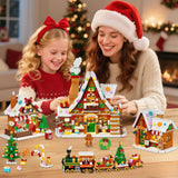 PLAXSOON Christmas Gingerbread House Village Mini Building Set with Lights, 1955 PCS Holiday Village Building Block Toy with Xmas Tree Train Santa for Home Decor, Gift for Adults Kids Girls Boys 14+