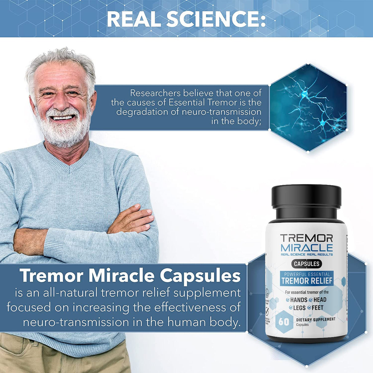 Real Science Nutrition Tremor Miracle Capsules - Essential Tremor Herbal Capsule Supplement for Hands, Legs, Feet, Head Tremors
