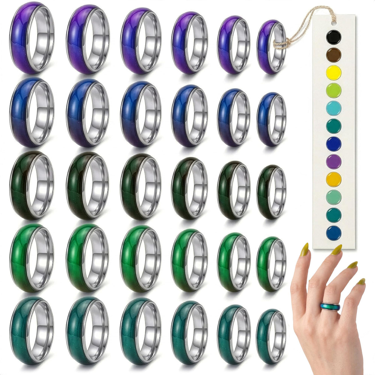 PIKTIME 50 Pcs Mood Rings Bulk, Color-Changing Metal Alloy, 5 Sizes 6-10