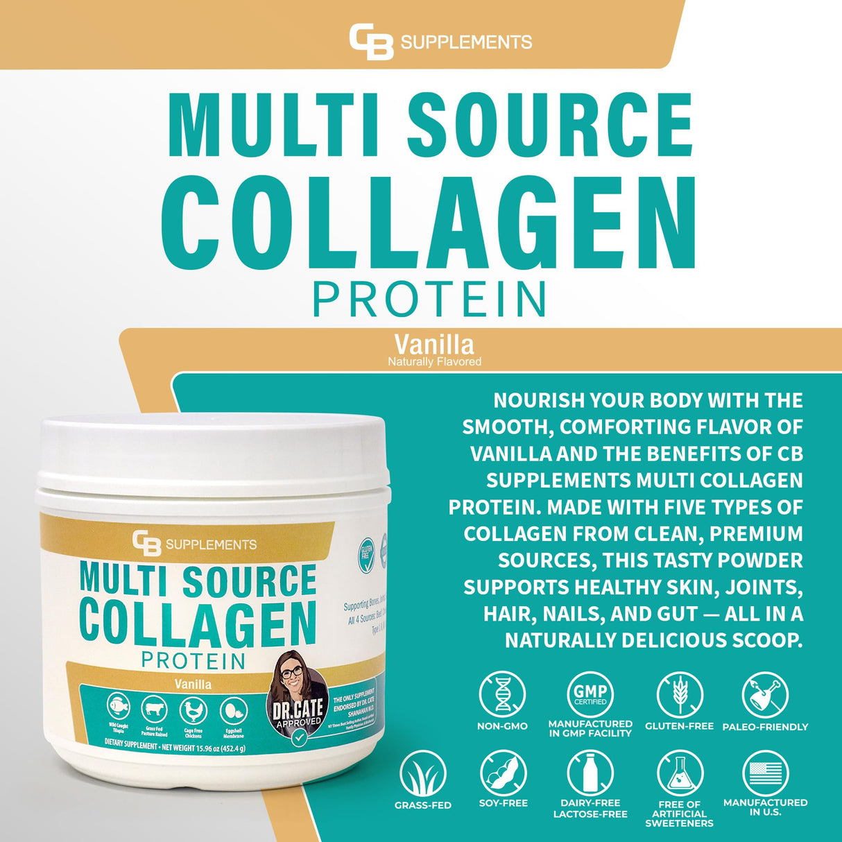 CB Supplements Multi Collagen Protein – Hydrolyzed Collagen for Joint, Skin, Gut, Hair & Nail Health – Vanilla Flavored Powder with Types I, II, III, V & X – Grass-Fed & Clean – 58 Servings