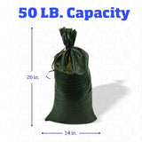 DURASACK Heavy Duty Sand Bags with Tie Strings Empty Woven Polypropylene Sand-Bags for Flood Control with 1600 Hours of UV Protection, 50 lbs Capacity, 14x26 inches, Green, Pack of 100