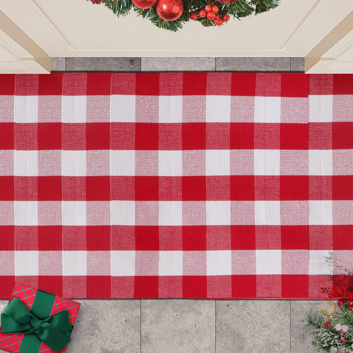 Christmas Red and White Plaid Rug 3 x 5 Ft, Hand-Woven Indoor/Outdoor Layered Cotton Blend Buffalo Plaid Rug, Washable Front Door Mat, Perfect for Porch, Living Room, Entryway