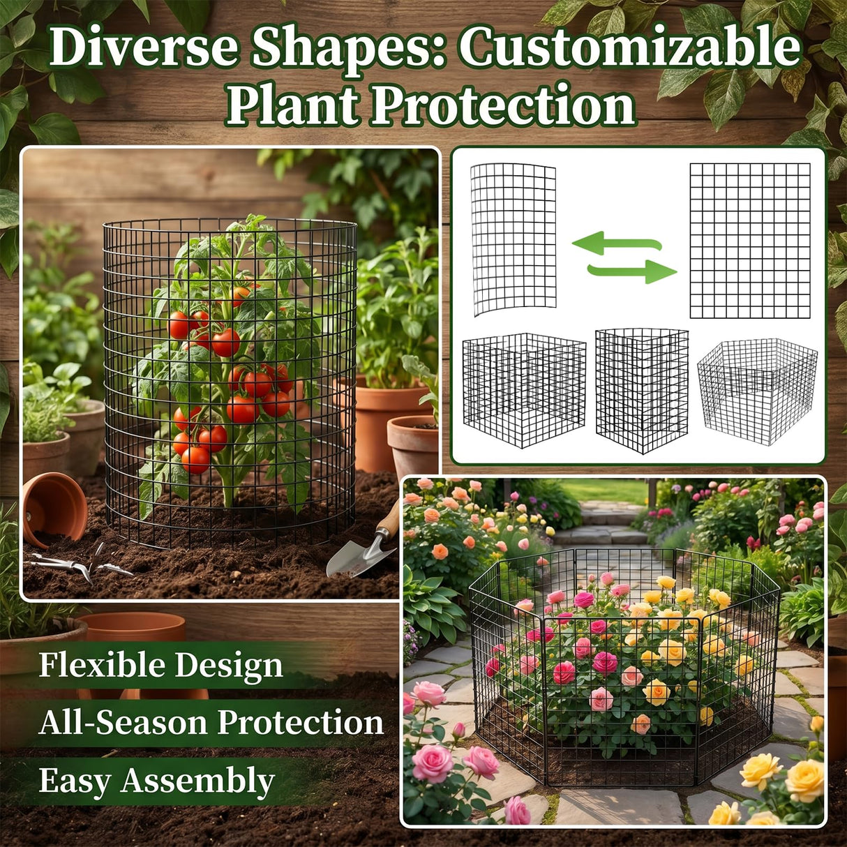 10 Packs Plant Protectors from Animals, 30Pcs 12"x 16" Large Metal Wire Mesh Garden Plant Cages for Outdoor Gardening, Chicken Wire Cloche Plant Cages for Rabbits with Zip Ties & Stakes(Black)