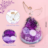 FIACO Gifts for Women Mom Preserved Rose Forever Flower in Glass Angel Figurine Fresh Flowers for Delivery Birthday Gifts for Grandma Wife Sister Christmas Anniversary Eternal Purple Roses