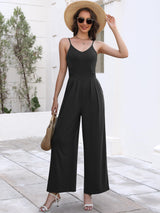 ANRABESS Women V Neck Spaghetti Strap Wide Leg Dressy Jumpsuits 2025 Summer Casual One Piece Jumper Romper Outfits & Pockets Black Medium