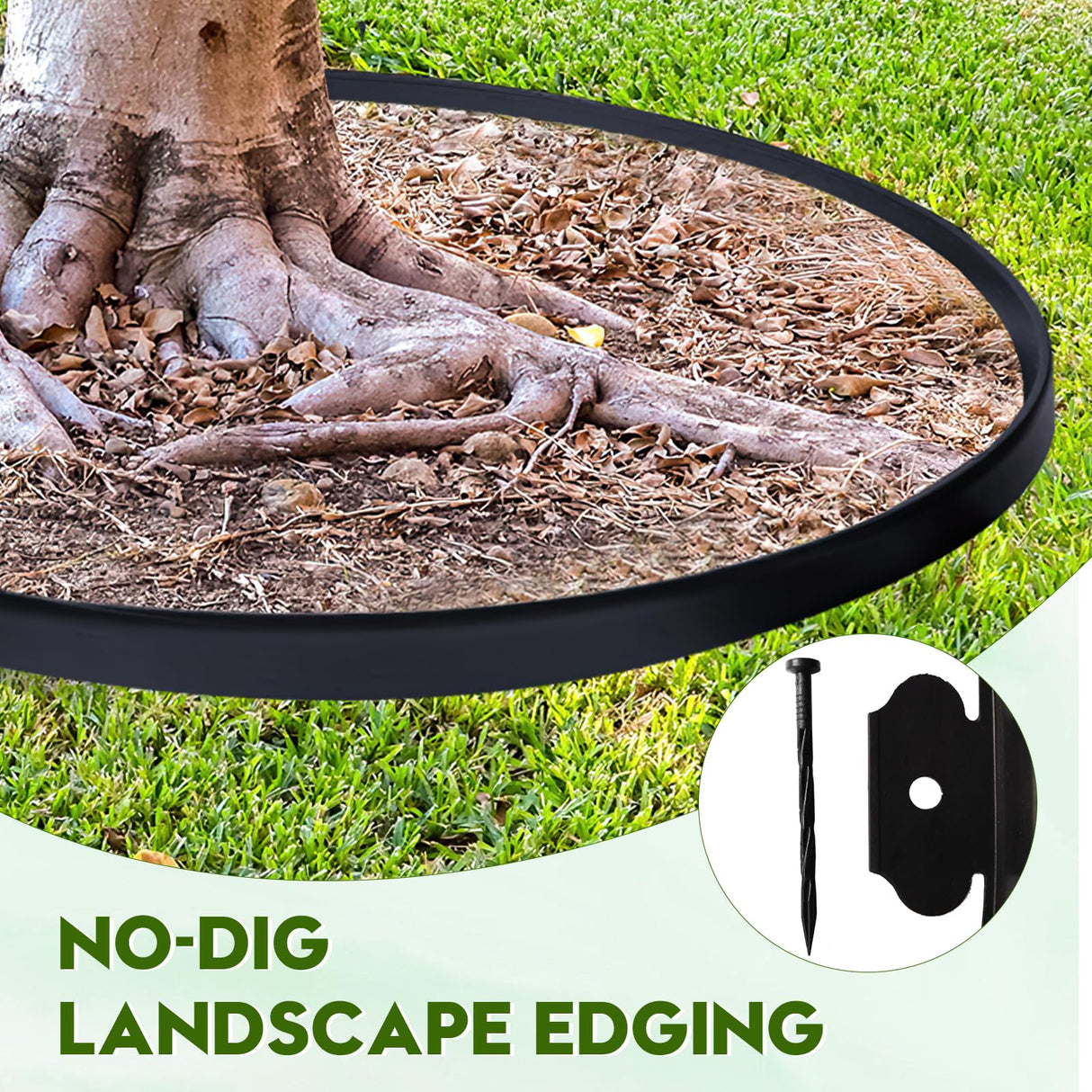 No Dig Landscape Edging 33FT, 4-Inch Plastic Edging, 100 Spikes & Hammer