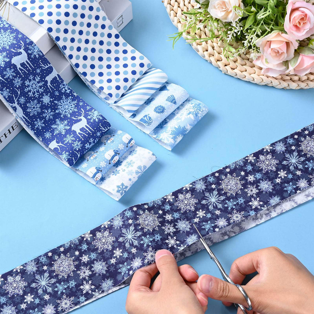 40 Pcs Winter Christmas Snowflakes Cotton Jelly Fabric Strips Blue and White Snowflake Reindeer Patchwork Strips for Quilting Crafting Snowman Precut Patchwork for Sewing DIY Crafts