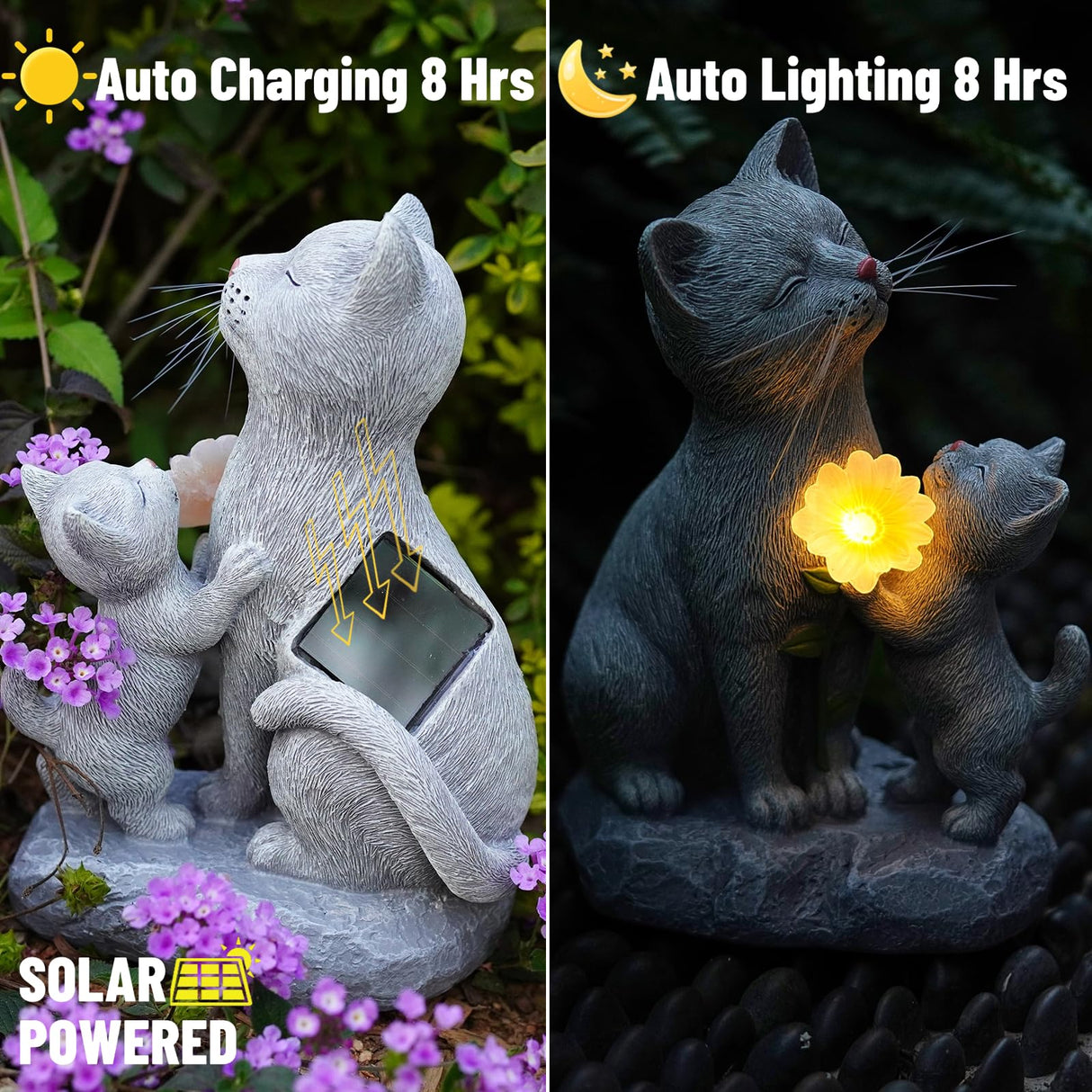 QZFFZQ Solar Cat Garden Statue Outdoor Decor - Mother & Kitten Figurines with Flower LED Light, Outside Yard Art Patio Balcony Lawn Ornament, Unique Gifts for Cat Lover