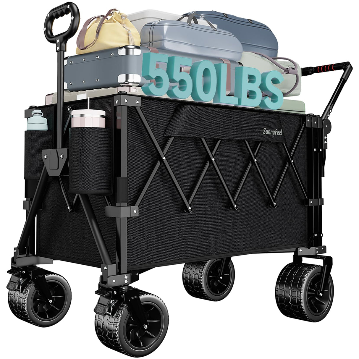 SUNNYFEEL 550LBS Push Pull Foldable Wagon with Tailgate & Big Wheels