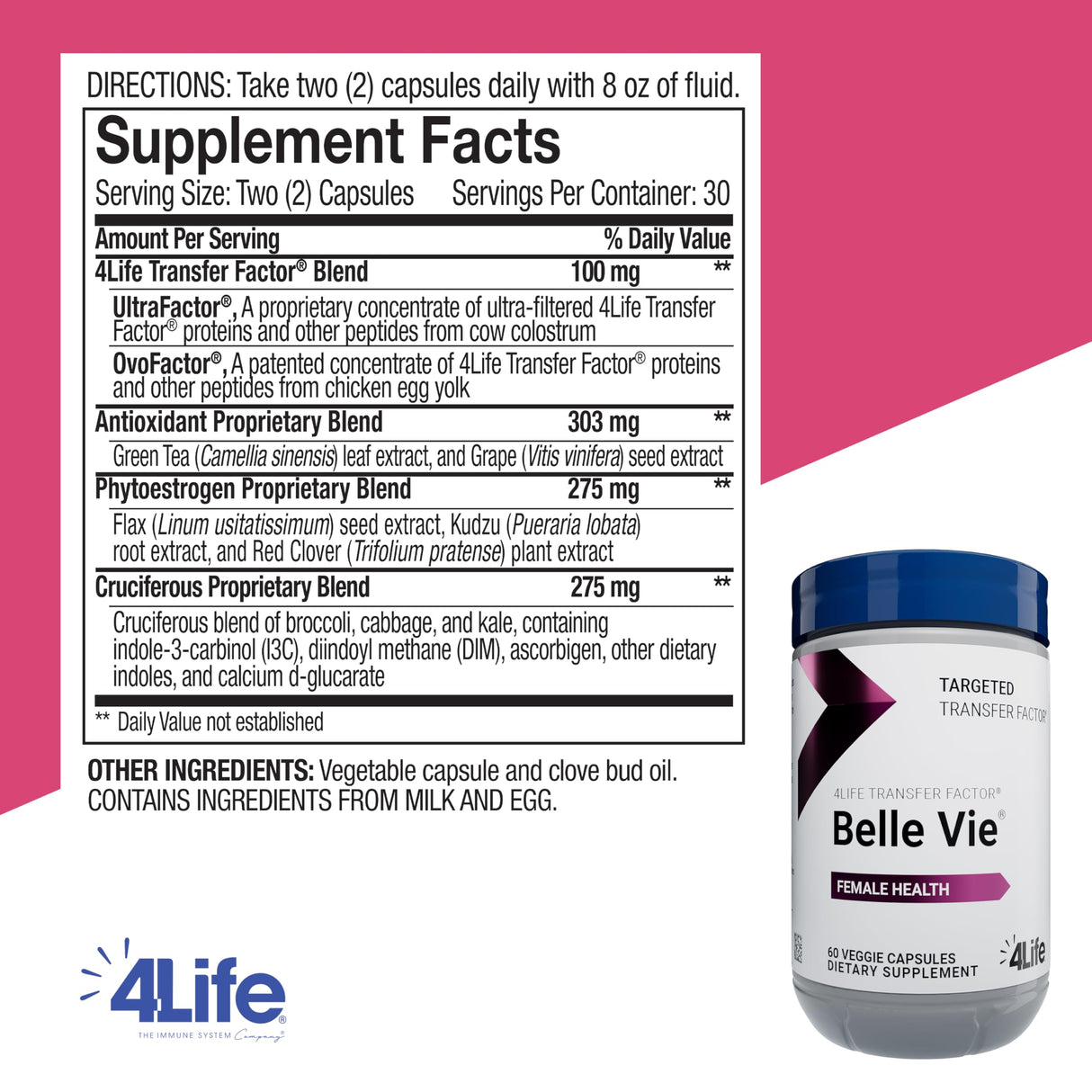 4Life Transfer Factor Belle Vie - Supports Women's Reproductive Health with Phytoestrogen Blend of Kudzu, Flax, and Red Clover - 60 Veggie Capsules