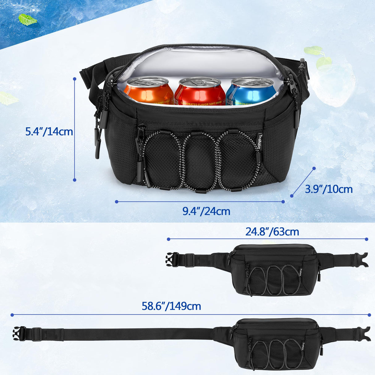 Trahzia Fanny Pack Cooler, Insulated Waist Pack Snack Bag, Portable Hip Pack for Beach, Camping and Hiking, Black