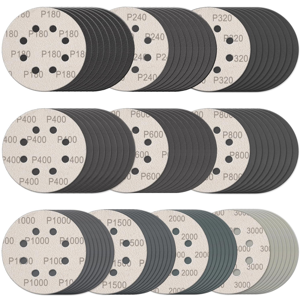 100 Pcs 5 Inch Sanding Discs Hook & Loop 8 Holes Wet Dry Sandpaper 180 240 320 400 600 800 1000 1500 2000 3000 Assortment Grits Silicon Carbide Orbital Sander Sand Paper for Wood Automotive Metal