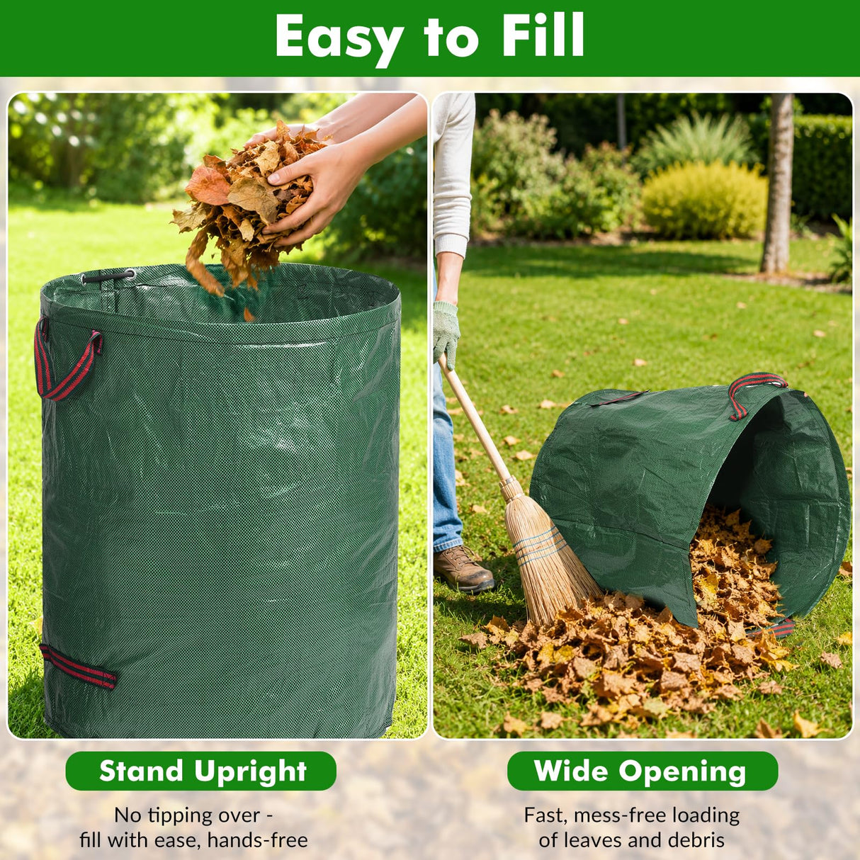 Gixmuoiy Reusable Yard Waste Bags, 72 Gallon Lawn and Leaf Bags 3-Pack, Collapsible Heavy-Duty Garden Bags, Stand-Up Yard Waste Container for Leaves, Grass Clippings and Lawn Debris
