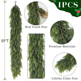 5FT Real Touch Cedar Garland - Artificial Christmas Garland Fake Green Faux Thick and Lush Pine Needles Garlands for Table Fireplace Mantle Holiday Home Indoor Outdoor Decor (1PCS)