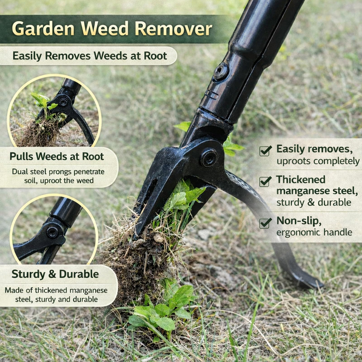 Vornilo All Black Stand Up Weed Puller 53 Inch Manual Weed Remover Tool Heavy Duty Metal Long Handle Root Removal Weeder with Reinforced Claw and Three Section Steel Shaft for Garden Lawn Yard Use