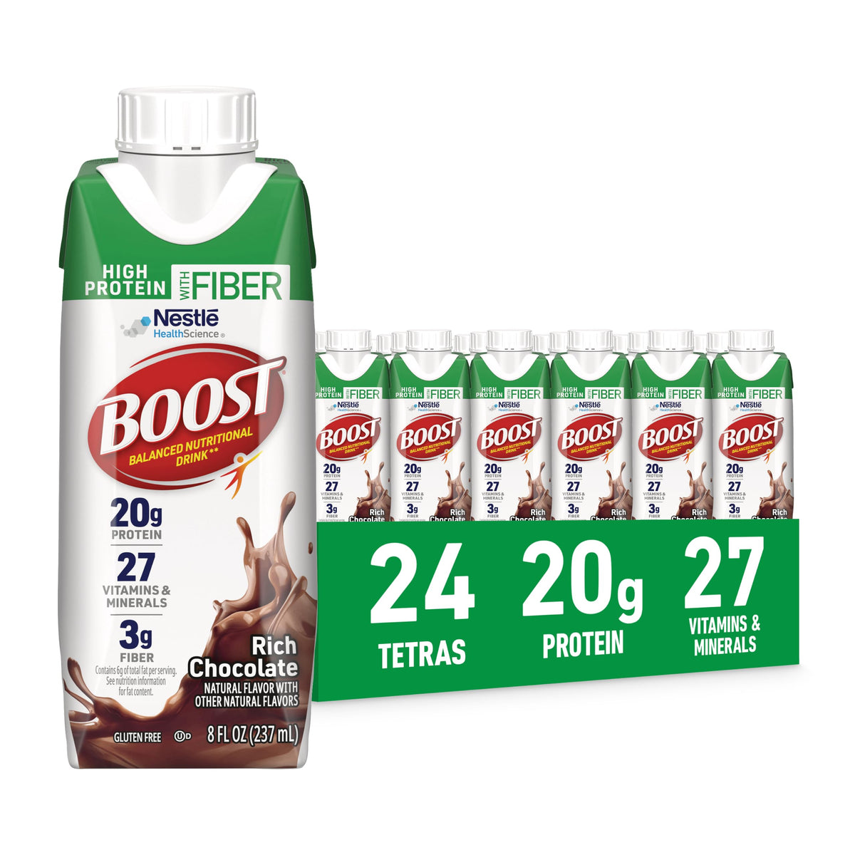 BOOST High Protein with Fiber Ready to Drink Complete Nutritional Drink, Rich Chocolate, Gluten Free, 8 fl oz Bottle, 24 Pack
