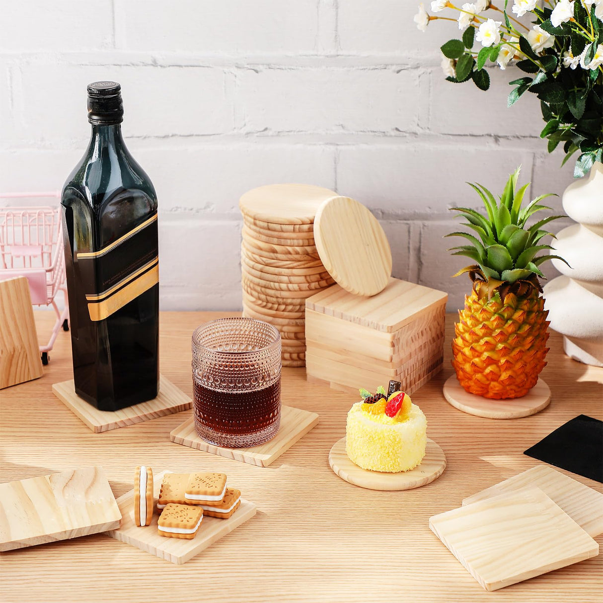 Hushee 96 Pcs Unfinished Wood Coasters 4 Inch Blank Wooden Coasters for Crafts with Non Slip Foam Pad Stickers Wooden Craft Tabletop Protection for Christmas DIY Painting Engraving Home Decoration