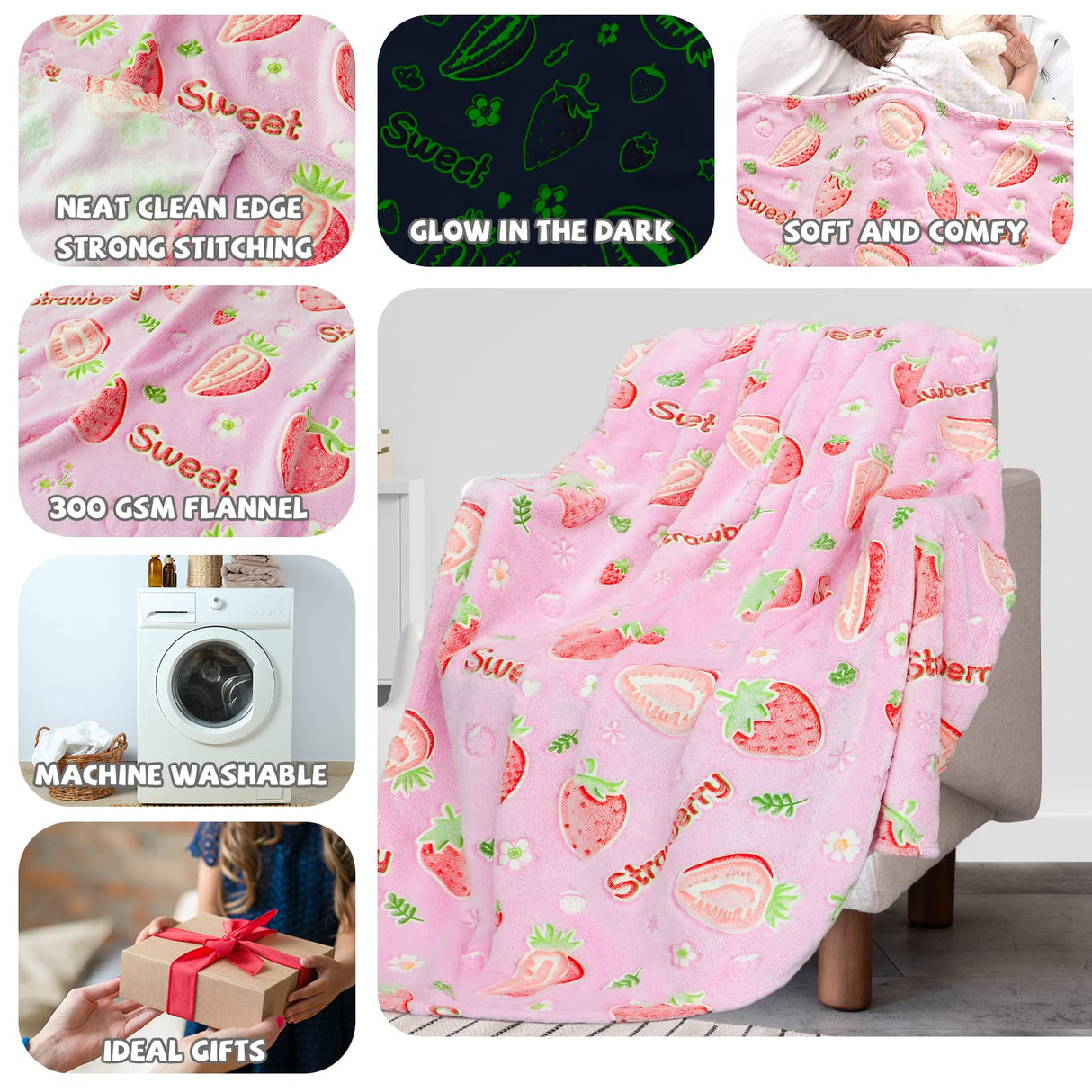 REXEO Flannel Throw Blanket, 50 x 60in, Glow in The Dark, Fluorescent Strawberry, Lightweight, Fiber Plush, for Girls Kids, Birthday Christmas Gifts