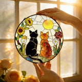 Stained Glass Window Hanging, 7.8" Charming Cat Couple Garden Suncatcher, Sun Catchers Indoor Window Ornament, Suncatchers for Windows, Doors & Home Decor, Gifts for Women, Men, Cat Lover & Pet Lover