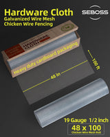 SEBOSS Hardware Cloth 1/2 inch 48 x 100 Ft 19-Gauge, Hot-dip Galvanized After Welding, Chicken Wire Fencing Wire Mesh Roll Rat Wire Gopher Mesh