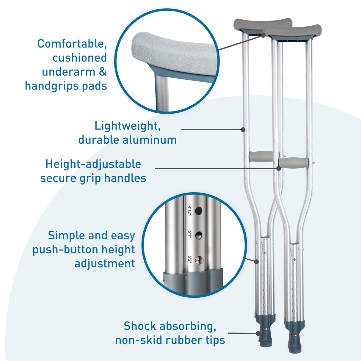BodyMed Aluminum Crutches, Children, Small, 4' 6"–5' 2" – Pair of Lightweight, Height Adjustable Crutches – Includes Padded Underarm Cushions, Hand Grips, & Rubber Tips – Max. Weight Capacity 300 lb.