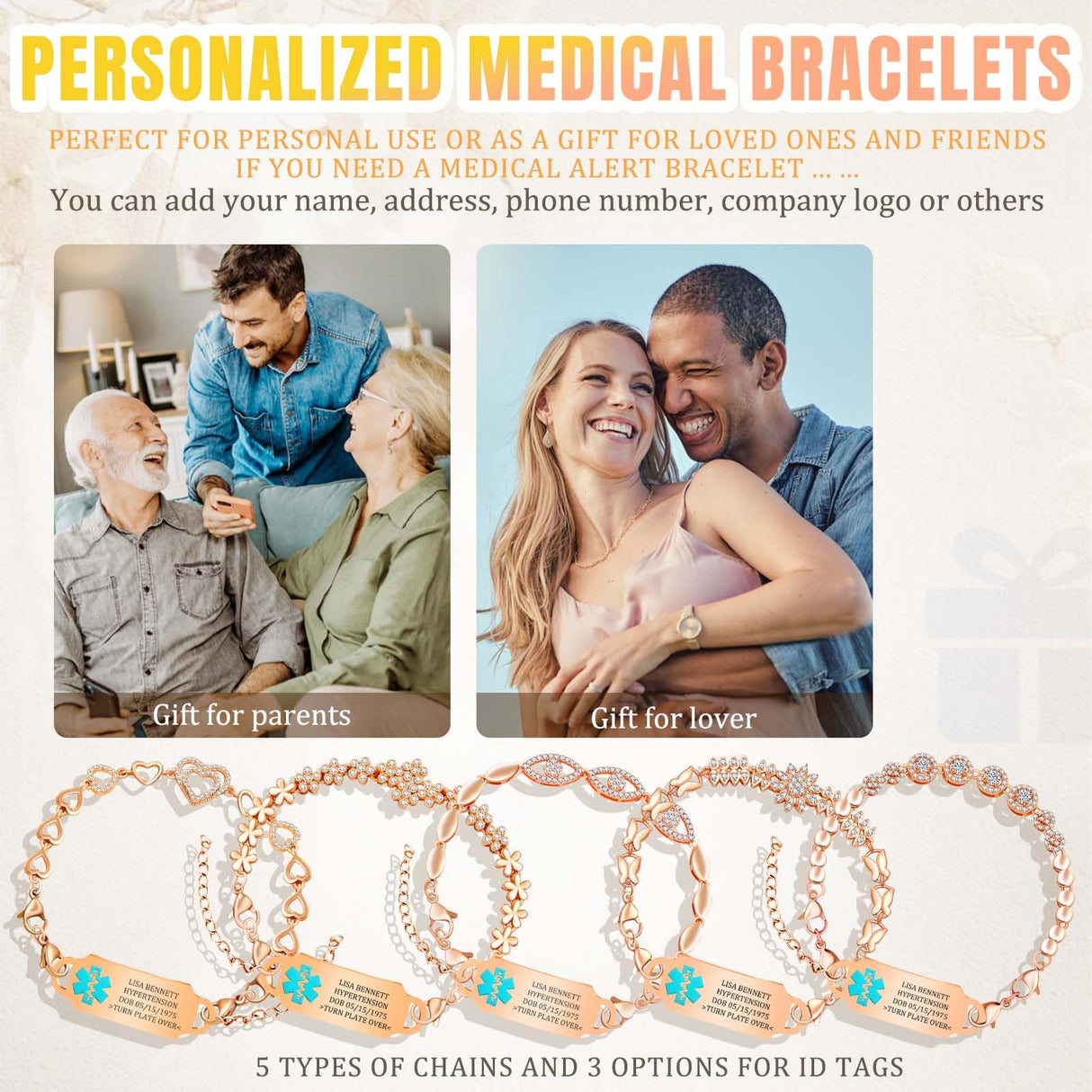 MOTICIUS Personalized Medical Alert Bracelets for Women Custom Medical Bracelets Personalized Medic ID Bracelet Stainless Steel Engraved Emergency Bracelet ID Wristband (Style 1)