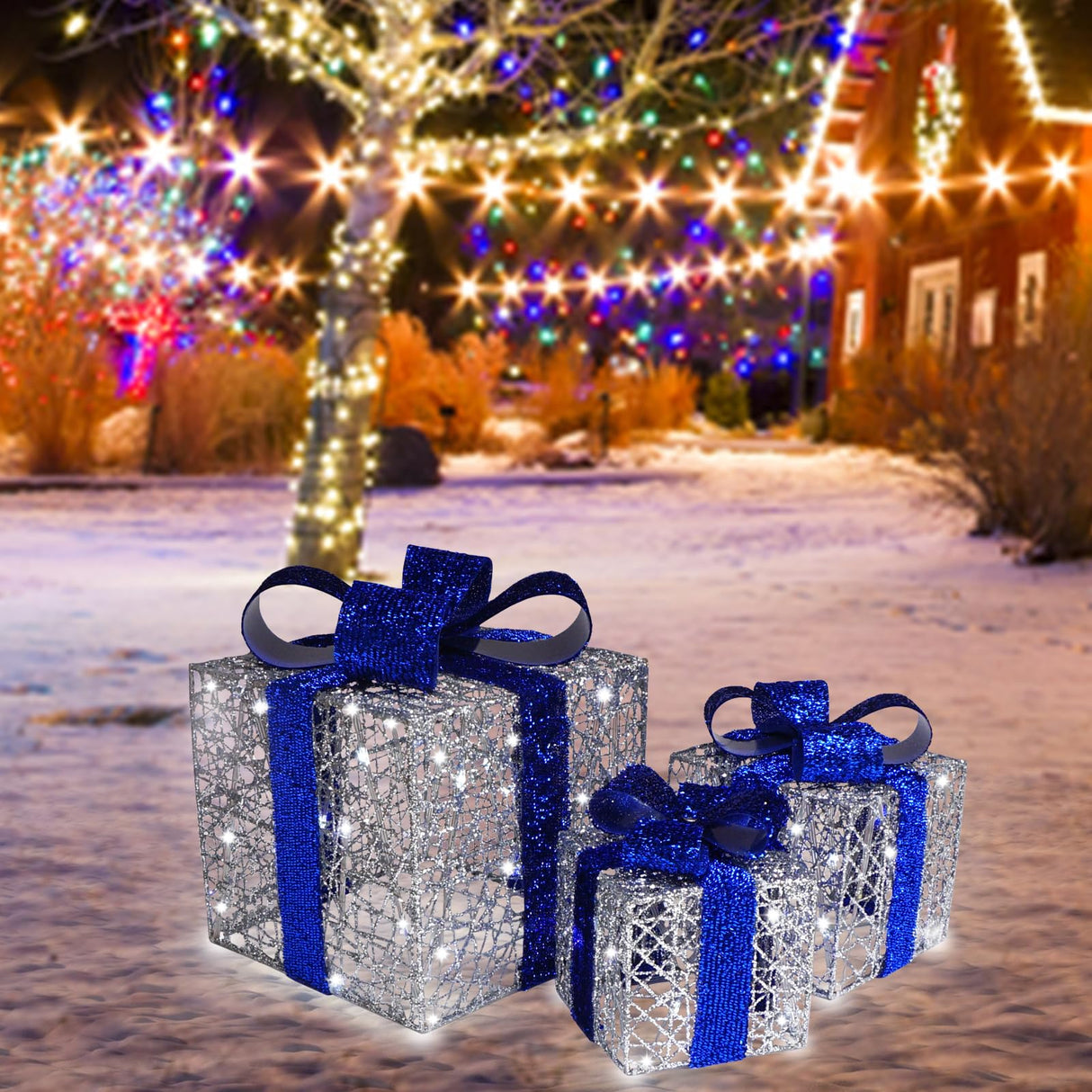 Lighted Gift Boxes Set of 3, Silver Boxes with Bow, Prelit 60 White Lights Present Box Lighted Display with Plug for Home Porch Outdoor Yard Christmas Decorations-Blue