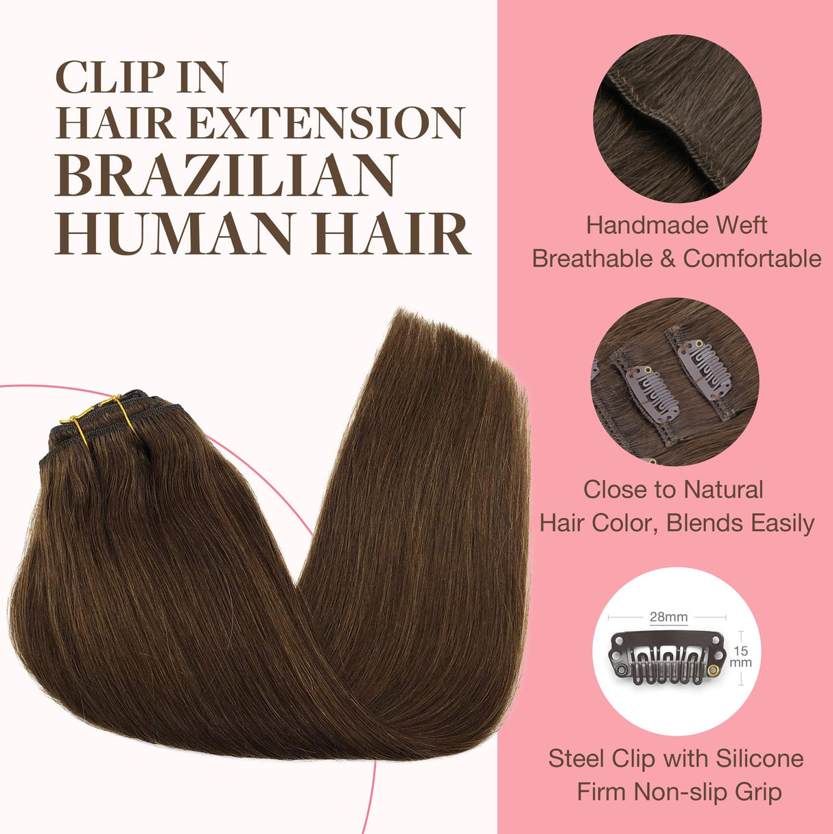 GOO GOO Clip in Hair Extensions Real Human Hair, Remy Human Hair Extensions Clip ins for Women, Natural Human Hair, 20inch 120g 7Pcs, 4A Chocolate Brown