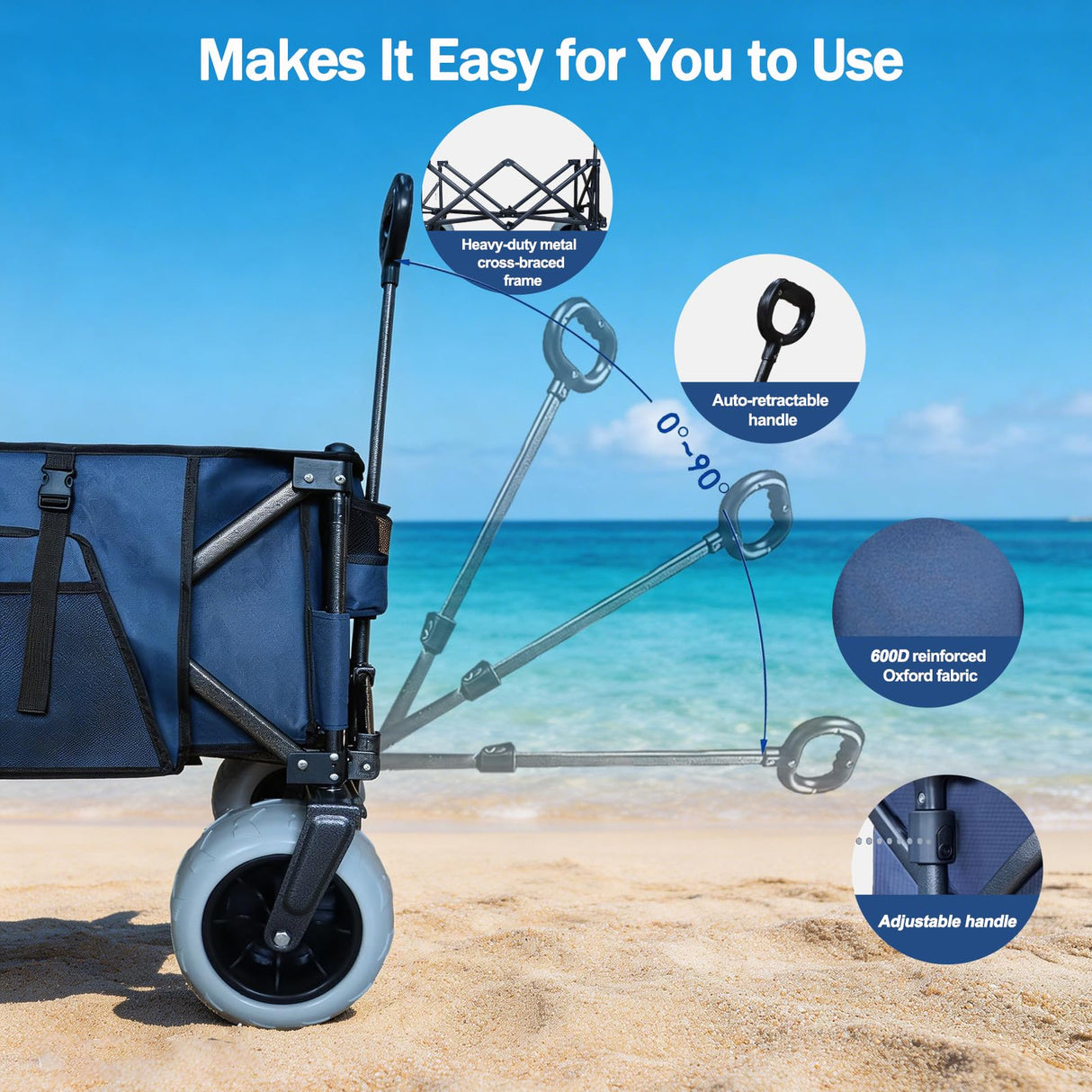 OTIATrail 300L Foldable Beach Wagon with Tailgate, 9" Flat-Free PU Wheels, Heavy Duty Utility Wagon Cart for Camping, Sports, Shopping, Garden, Outdoor, Navy Blue