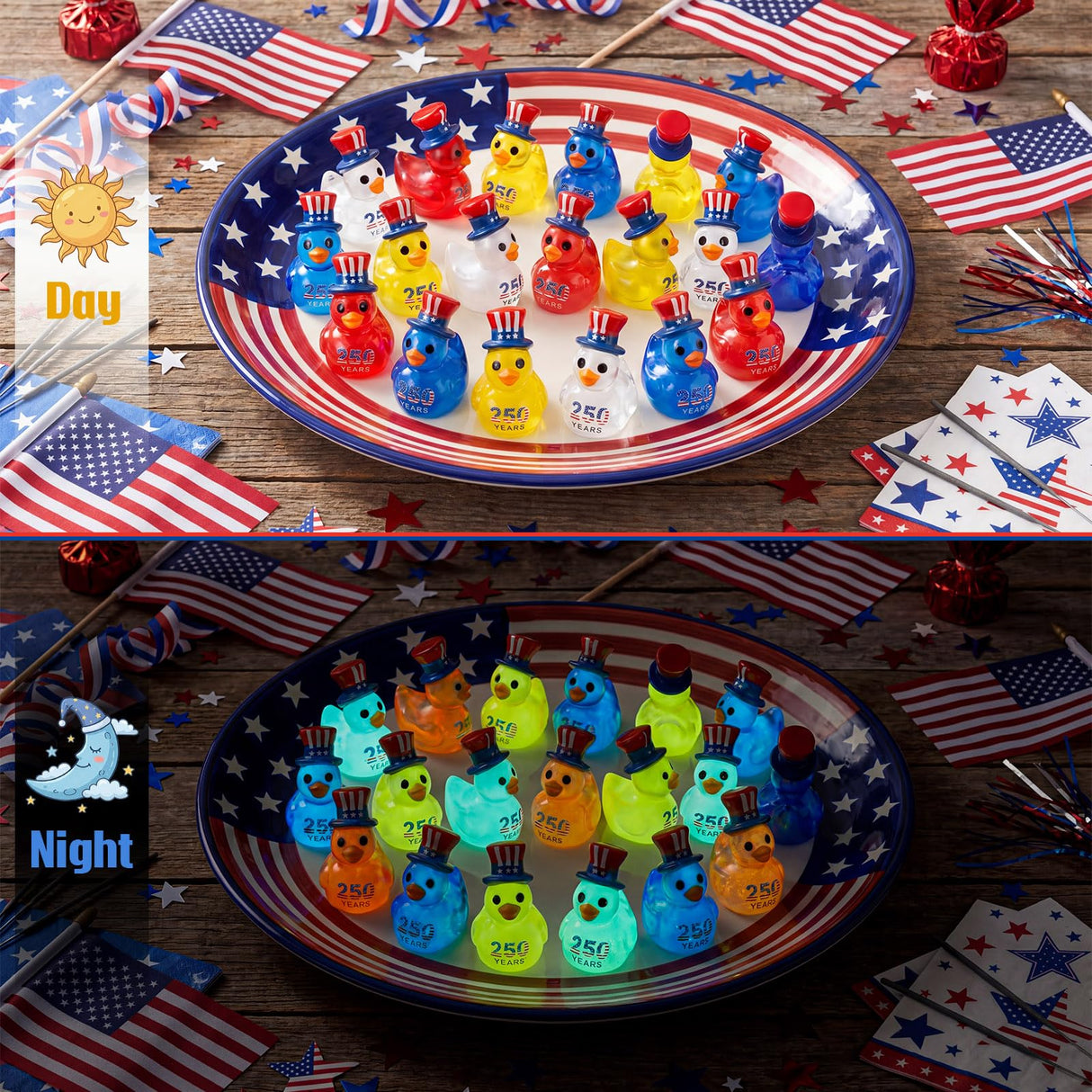 Skylety 96 Pcs 250th Anniversary Patriotic Resin Ducks USA 4th of July Independence Day Party Decor Luminous Duck Figure Garden Potted Miniature Cake Decor Craft Charms Collector Veteran Souvenir