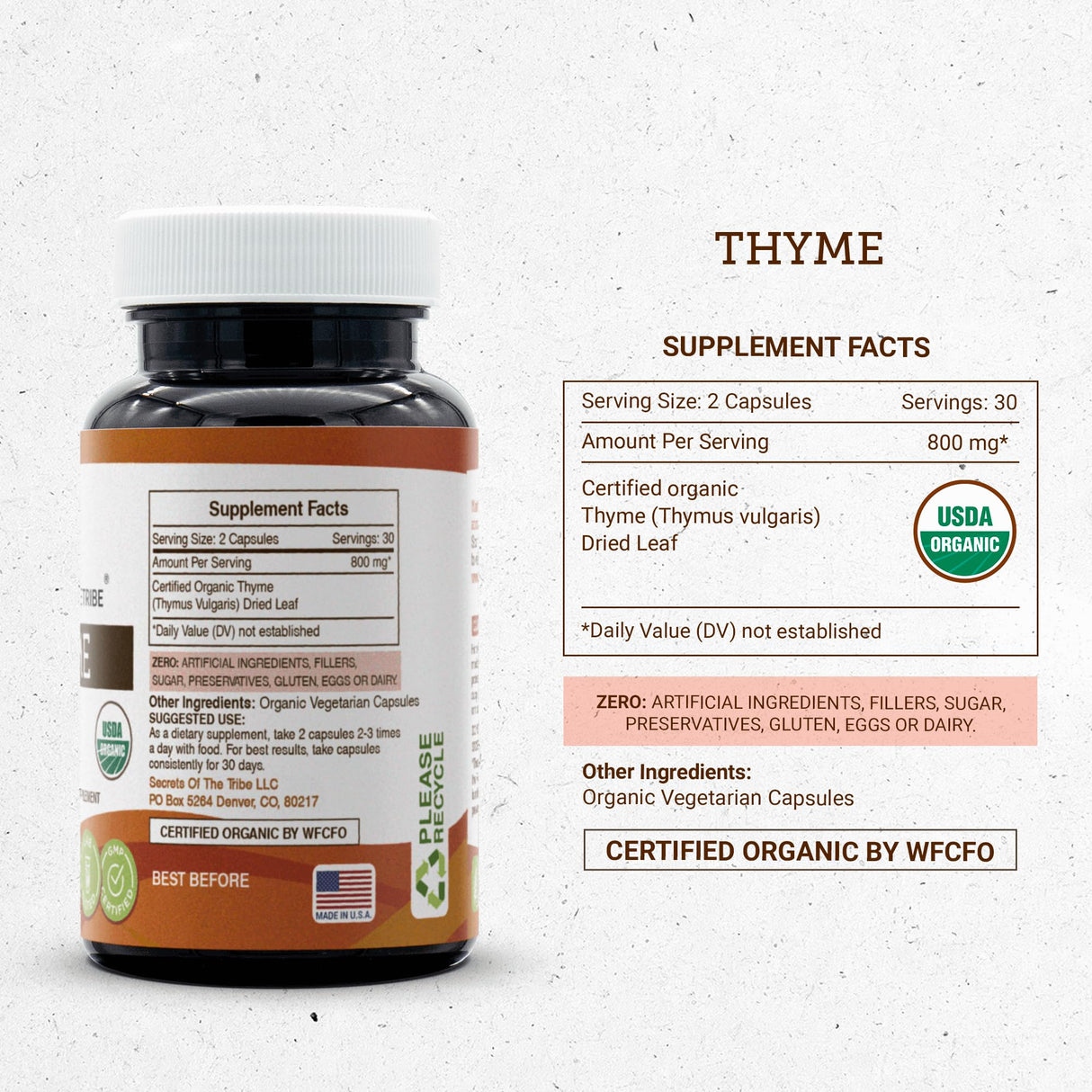 Secrets of the Tribe Thyme 60 Capsules, 800 mg, USDA Organic Thyme (Thymus Vulgaris) Dried Leaf (60 Capsules)