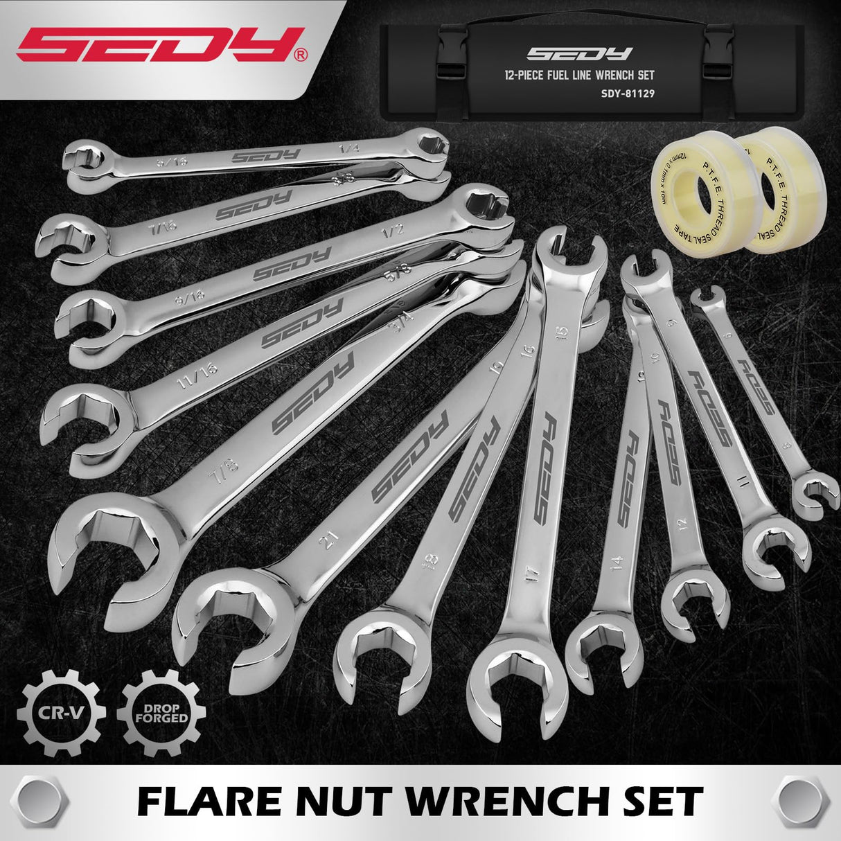 SEDY 14-Piece Flare Nut Wrench Set with PTFE Tape, Metric & SAE Brake Line Wrench Offset 1/4"-7/8"& 9-21mm Set Double Open End with Organizer Pouch for Repairing and Removing Nuts
