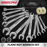 SEDY 14-Piece Flare Nut Wrench Set with PTFE Tape, Metric & SAE Brake Line Wrench Offset 1/4"-7/8"& 9-21mm Set Double Open End with Organizer Pouch for Repairing and Removing Nuts