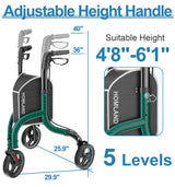 HOMLAND 3 Wheel Walkers for Seniors, FSA/HSA Eligible Foldable Wheeled Rollator with Cane Hold and Cup Hold, Lightweight Three Wheel Rolling Walker Height Adjustable for Seniors