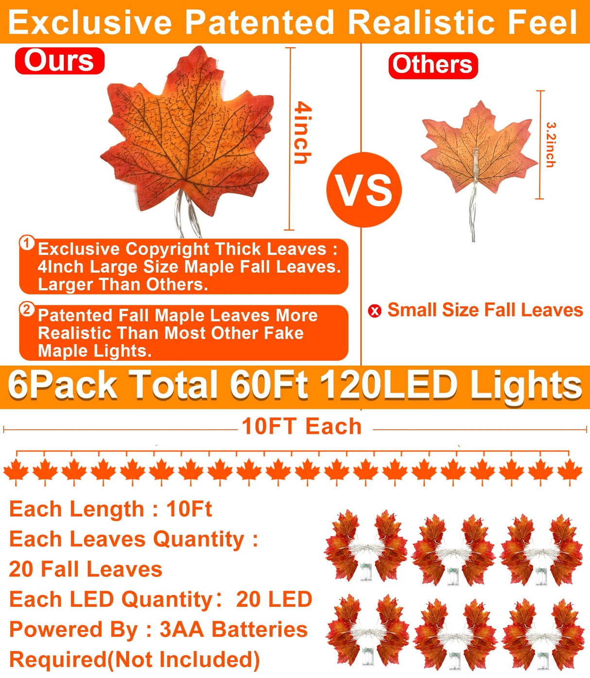 TURNMEON 6 Pack Fall Decor Enlarged Maples Leafed Garland, 60Ft 120LED Halloween Fall Decorations for Home Fall Lights Garland, Battery Operated Waterproof Thanksgiving Decor Indoor Outdoor Christmas