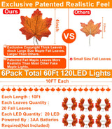 TURNMEON 6 Pack Fall Decor Enlarged Maples Leafed Garland, 60Ft 120LED Halloween Fall Decorations for Home Fall Lights Garland, Battery Operated Waterproof Thanksgiving Decor Indoor Outdoor Christmas