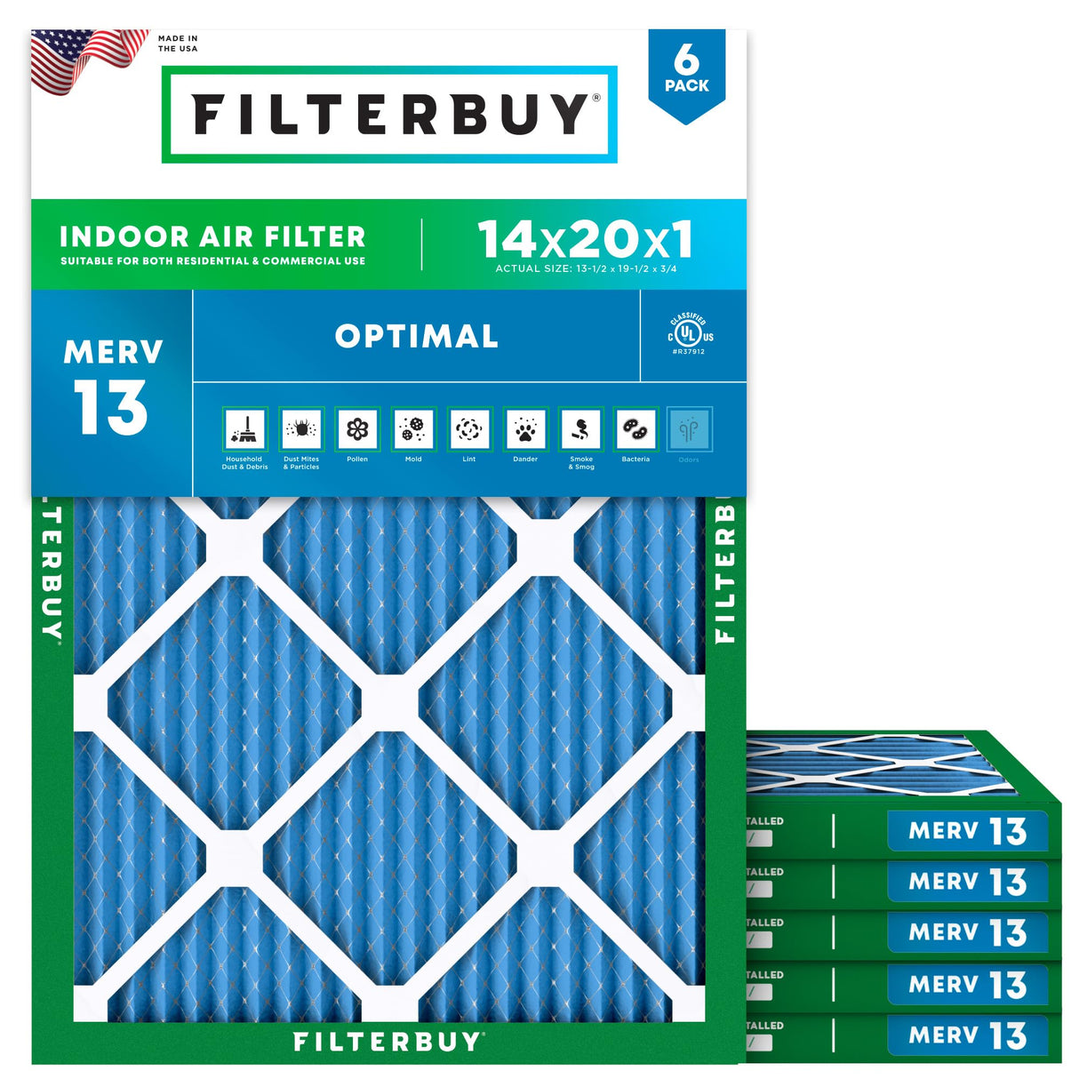 Filterbuy 14x20x1 Air Filter MERV 13 Optimal Smoke & Allergy Defense (6-Pack), Electrostatic Pleated HVAC AC Furnace Filters Replacement (Actual Size: 13.50 x 19.50 x 0.75)