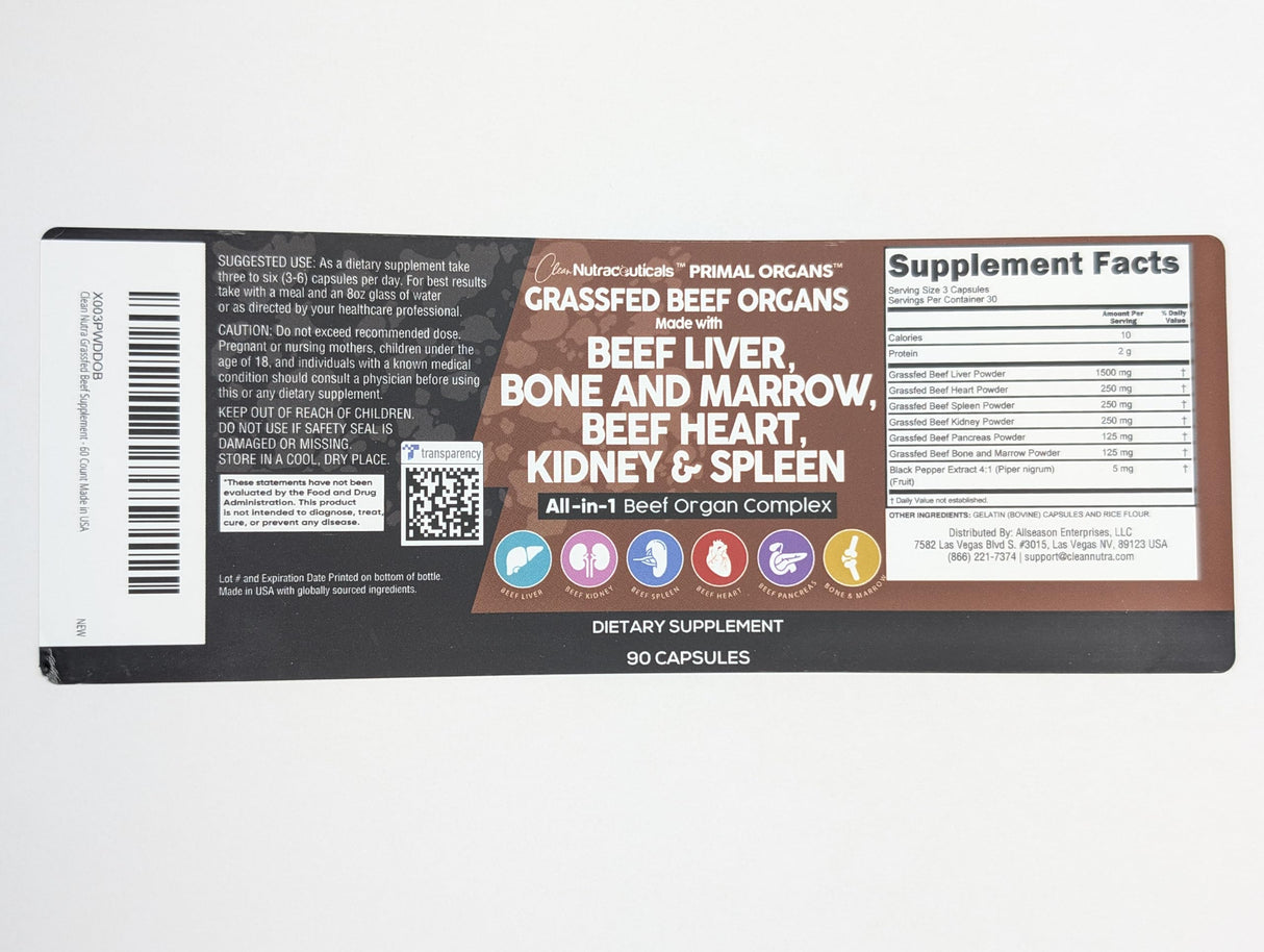 Clean Nutraceuticals Grass Fed Beef Liver Capsules - Premium Quality Supplement Packed with Desiccated, Beef Heart, Beef Spleen, Beef Pancreas Plus Bone & Marrow Dao Enzyme Pills