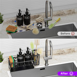 MASADI Kitchen Dish Soap Dispenser Set with Sponge Holder, 12OZ Glass Bottle, Hand and Dish Soap Dispenser Set, Non-Slip Silicone Pad, Brush Holder, Kitchen Sink Organizer Countertop (Black)