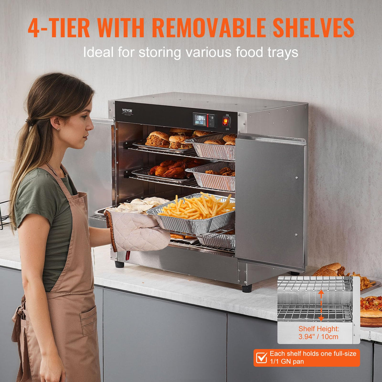 VEVOR Hot Box Food Warmer, 4-Tier Concession Warmer with Water Tray, 4 Pans, Double-Door and Adjustable Shelves, Stainless Steel Food Warmer Cabinet, Ideal for Storing Pizza, Chicken, Restaurant
