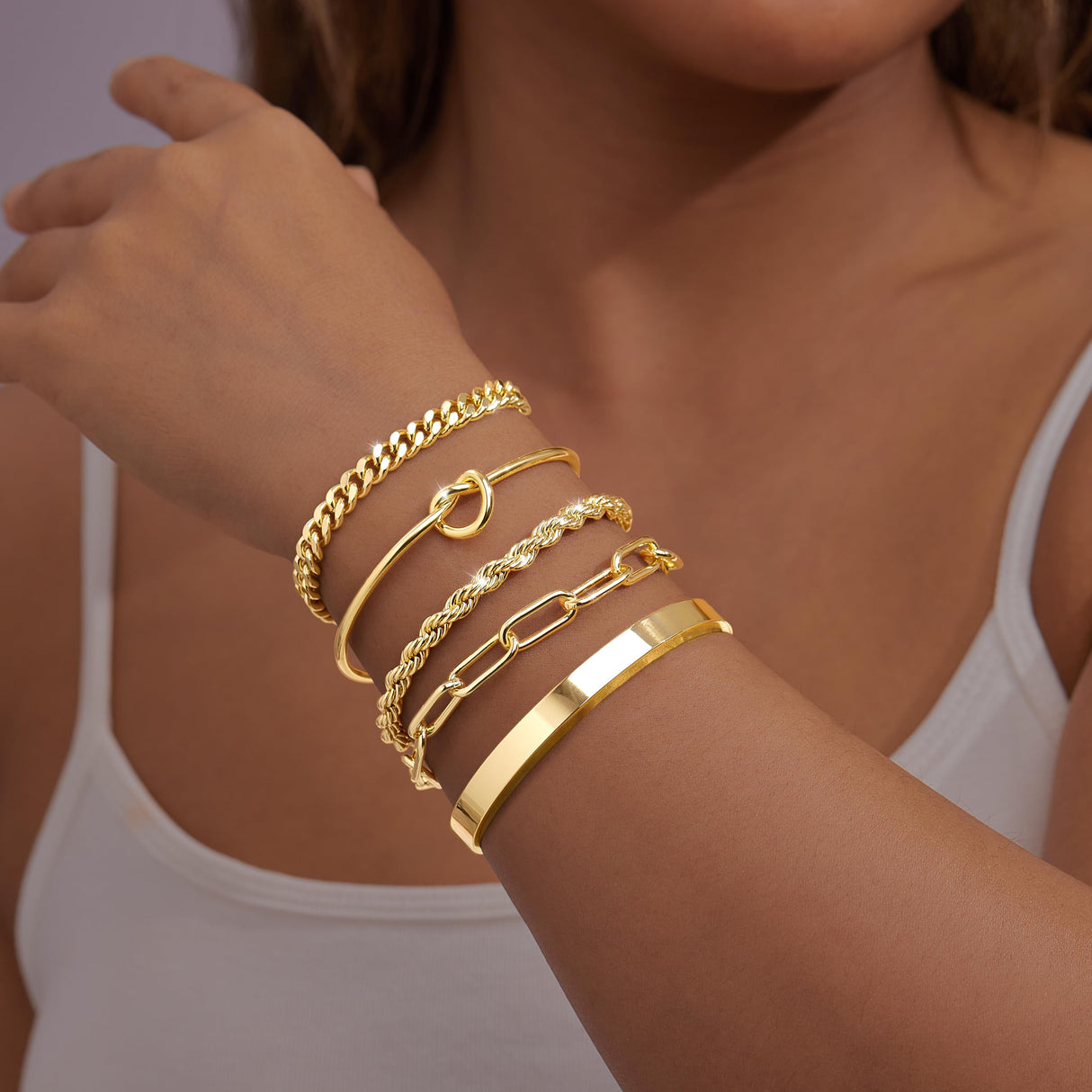Gokeey Gold Cuff Bracelets for Women, 14K Gold Plated Bangle Bracelet Set for Women, Forever Love Knot Infinity Bangle Paperclip Beaded Twist Bracelets for Women