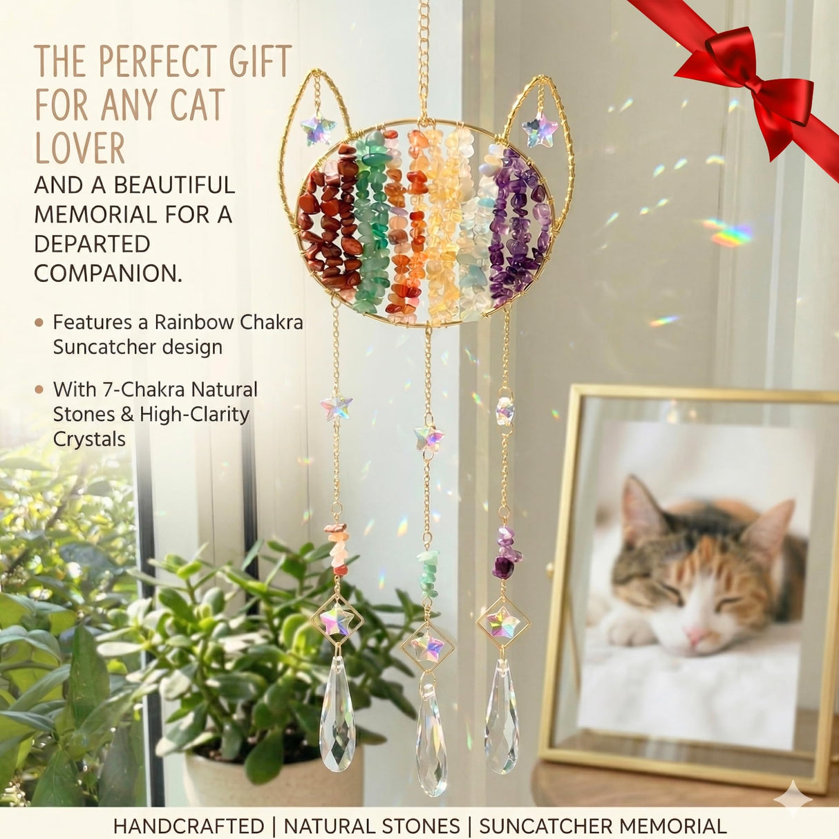 Cat Memorial Crystal Suncatcher - Natural Gemstone Rainbow Maker Wall Hanging Decor, Healing Stone Cat Lover Gifts for Women,Chakra CrystalWind Chimes for Window, Home, Garden Decoration