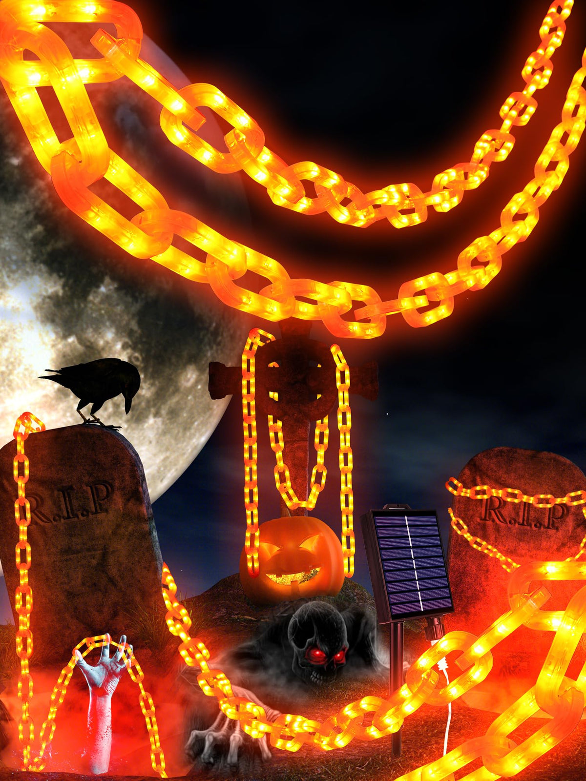 Solar Halloween Chain Lights - 10 FT 160 LED Orange Light-Up 8 Modes Memory