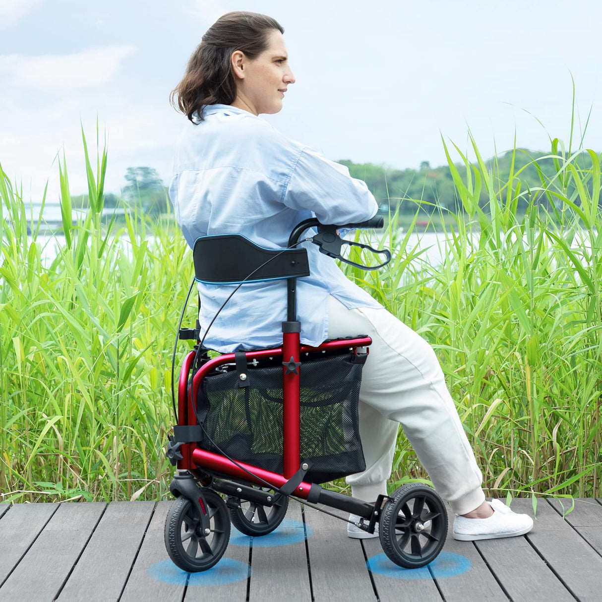 WALK MATE 3 Wheel Rollator Walker with Seat for Slim Seniors, Padded Backrest Lightweight Foldable Walker Ideal for Elderly, 8 Inch Tri-Wheel Modern Mobility Walking Aid Aluminum, Red
