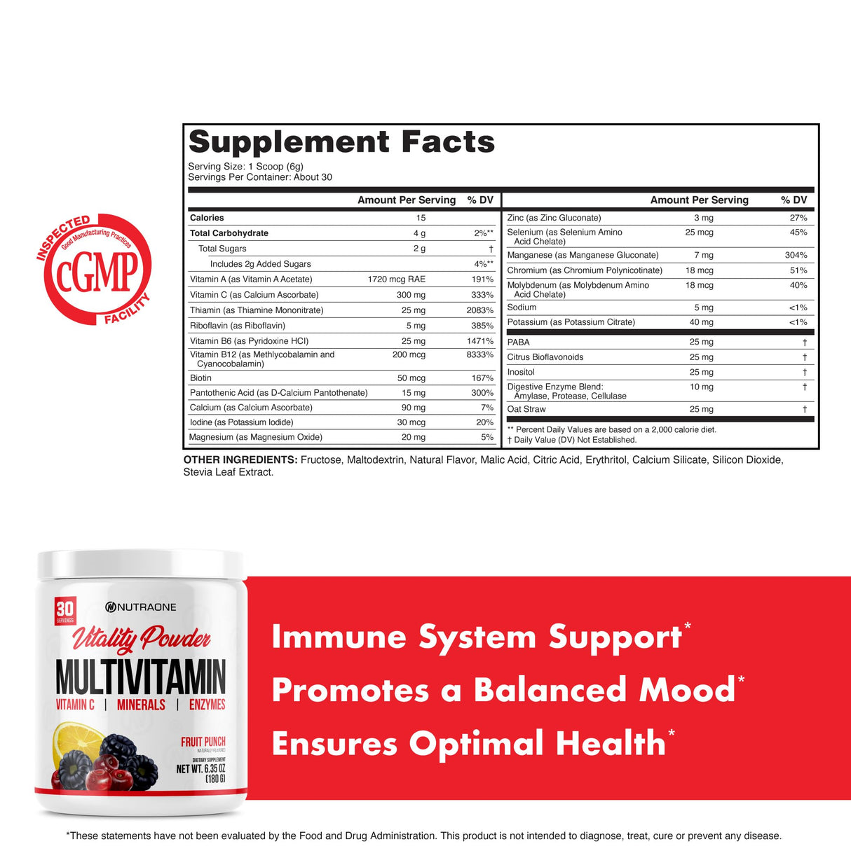 NutraOne Vitality Vitamin Powder Powdered Vitamin and Mineral Supplement (Fruit Punch - 30 Servings)