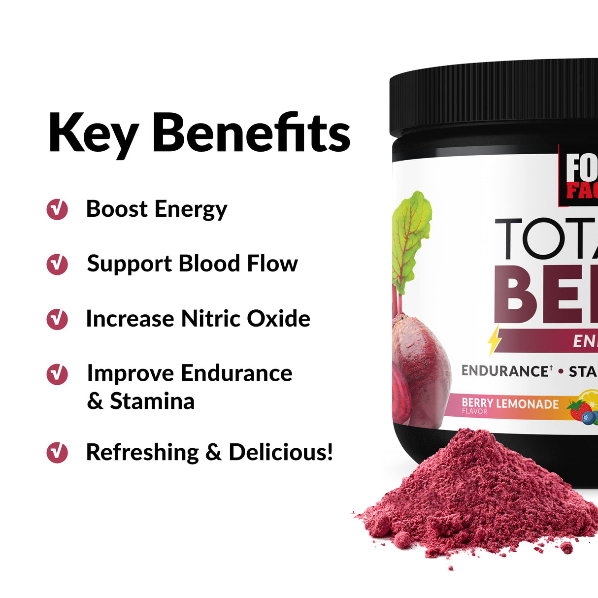 Force Factor Total Beets Energy Drink Mix, Superfood Beet Root Powder with Nitrates to Boost Energy and Support Circulation, Blood Flow, Nitric Oxide and Stamina, Heart Health Supplement, 30 Servings