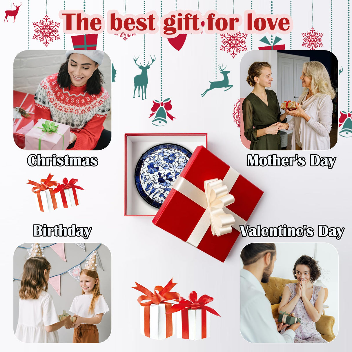 AMDERVEN Stained Glass Window Hanging, Blue and White Abstract Flowers Sun Catcher for Door Home Decor Suncatcher Christmas Mother's Day Birthday Gifts for Women Men Mom and Nana 9.8 in