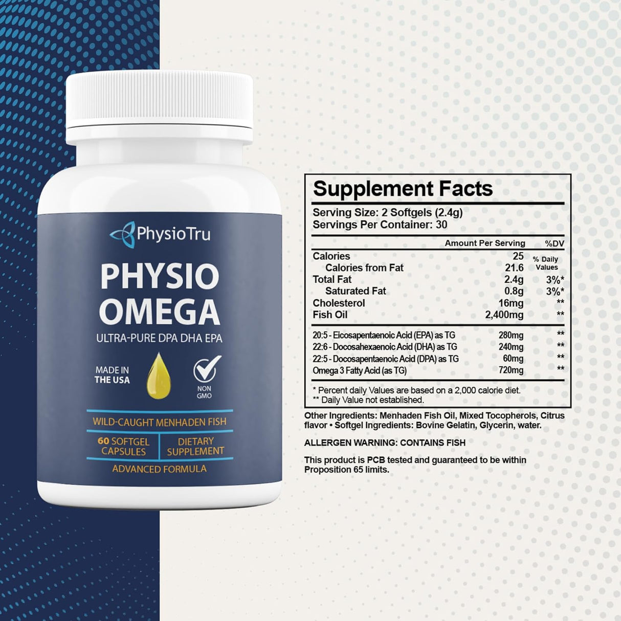 Physio Omega - Omega 3 Supplement - Sustainably Sourced - with DPA, EPA, and DHA - Burpless Fish Oil - 1 Pack